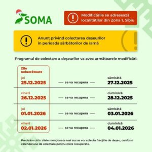 ATENȚIE! În perioada sărbătorilor programul de colectare a deșeurilor din zonele de case se modifică!