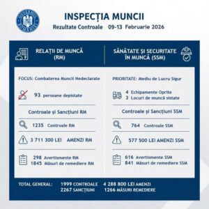 Inspecția Muncii – Amenzi de peste 4,2 milioane de lei și 2.686 măsuri de remediere dispuse de Inspecția Muncii în urma controalelor săptămânale