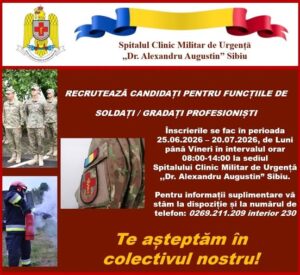 Spitalul Clinic Militar de Urgență ,,Dr. Alexandru Augustin” din Sibiu scoate la concurs 3 posturi vacante de soldat profesionist