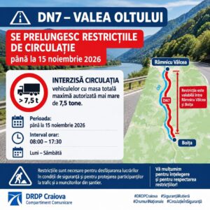 DRDP Craiova – SE PRELUNGESC RESTRICȚIILE PE DN7 – VALEA OLTULUI